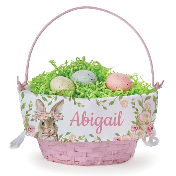 Personalized Easter Egg Basket with Handle and Custom Name | Floral Bunny Easter Basket Liner | Pink Basket | Woven Easter Baskets for Kids and Adults | Customized Easter Basket | Gift for Easter