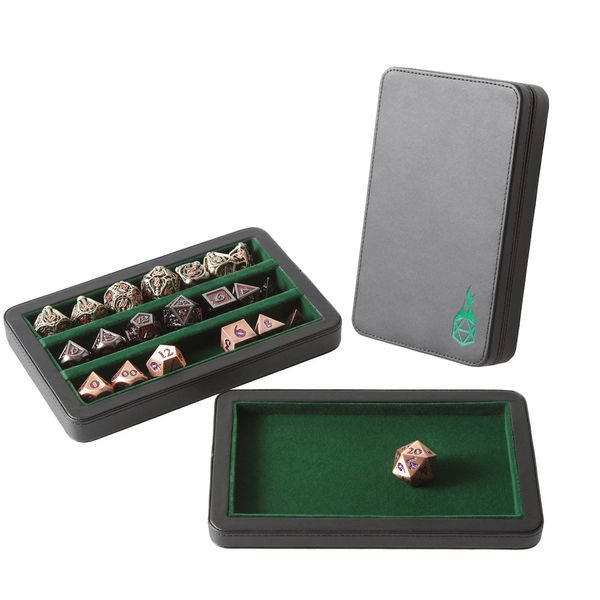 Forged Dice Co. Premium 3-Row Dice Case - Combination Dice Box and Dice Tray - Protects Polyhedral Dice Sets - Felt-Lined Storage Rows - Magnetic Lid Closure - Perfect Metal Dice Storage Box - Green