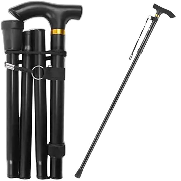 Citystores® Black/Gold Walking Stick Foldable Adjustable Height Aluminium Disability Aids Folding Mobility Aids Injury Pain Rubber Ends Ladies Men