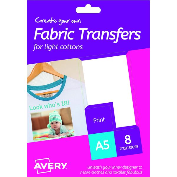 Avery HTT01 Printable Fabric Transfers for Light Cottons, 1 transfer Per A5 Sheet