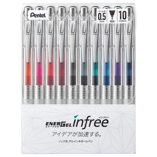 Pentel BLN75TL-10 Gel Ink Ballpoint Pen, ENERGEL IN FREE, 0.5mm, 10 Colors