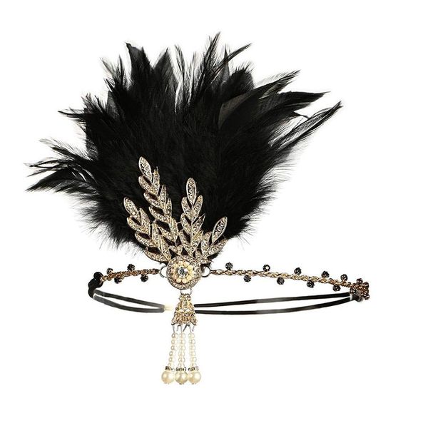 Foyte 1920's Flapper Headband Pearl Peacock Black Feather Head Bands Jewelry Leaf Rhinestone Headpiece Costume Accessories for Women and Girls (Black Feather)