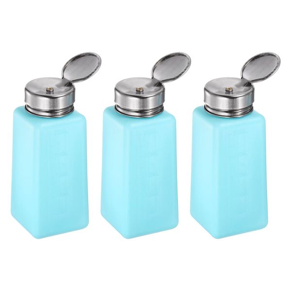 sourcing map 3pcs Solvent Alcohol Dispensers 250ml(8.5oz) Push Down Liquid Dispenser Pump Bottle with Sealing Stainless Steel Lid for Acetone Cleanser Polish Remover, Blue