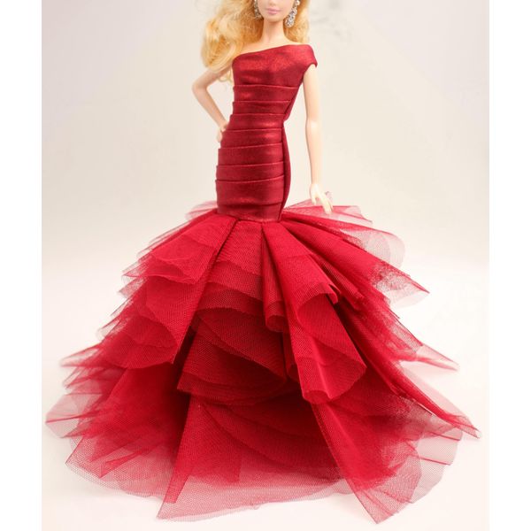 [Handmade Dress Fit for 12" Doll] Cora Gu Classic One Shoulder Burgundy Red Mermaid Dress/Wedding Gowns Fit for 12" Fashion Doll [Doll's not Included]