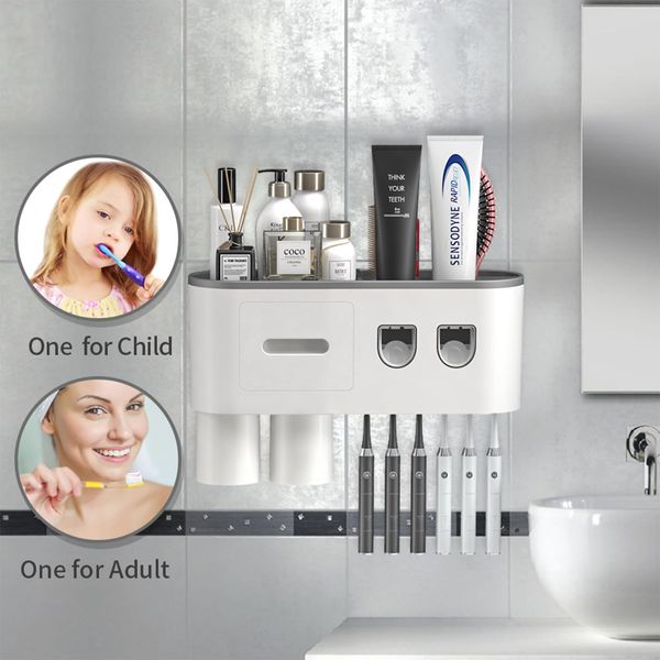 TuCao Toothbrush Holder Wall Mounted with Double Automatic Toothpaste Dispenser Squeezer Kit, 2/3/ Cups (Grey 2 Toothpaste Dispensers, 2 Cups)