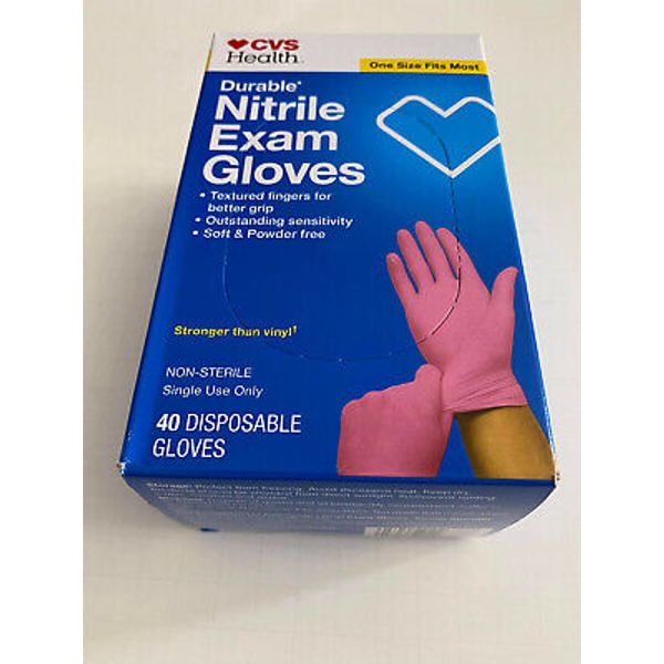 LOT OF 2 : CVS Health Durable Nitrile Exam Gloves ( 40 Gloves) One size PINK NEW