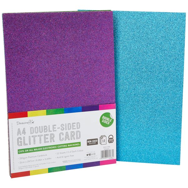 Dovecraft DCGCD041 Essentials - Paper & Card - A4 Double Sided Glitter Bumper Pack - Rainbow Bright - 300Gsm Premium cardstock | Non-Shed Glitter | 12 Sheets