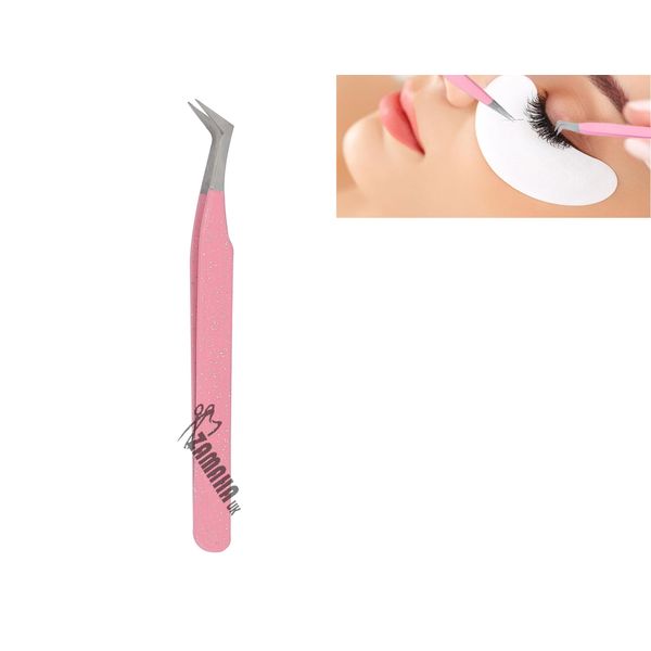 Lash Eyelash Extension Tweezers, Japanese Stainless Steel Tools Straight Curved 3D 4D 6D Angled Tip, Volume Tweezers Precision (Pink Boot Shape 1Pc)