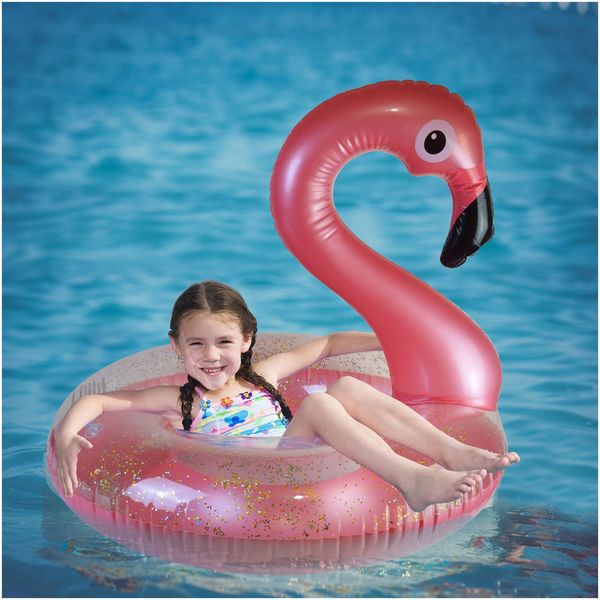 QuFrotty Medium Swimming Ring Pool Float for Girls, Flamingo Shape Inflatable Pool Float with Glitters, Inflatable Lounge Raft Tube Swimming Ring Summer Pool Toys for Kids (Rose Gold, Medium)