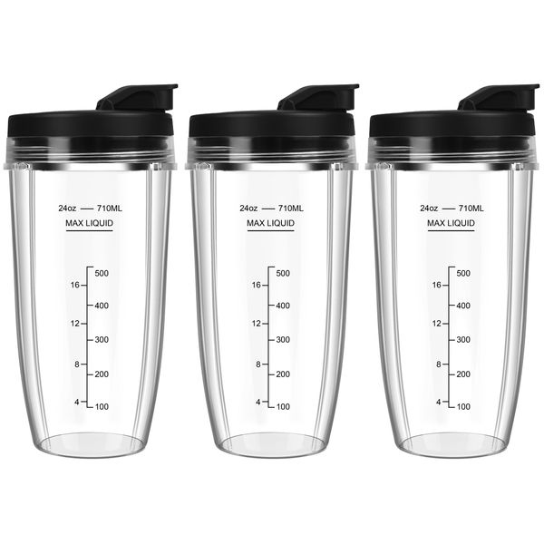 Blender Cups Replacement for Ninja, 24oz Ninja Blender Cups with To-Go Lids Compatible with Ninja BL450, BL456, BL480, BL2012, BL2013, BN401, BN751, BN801, SS101, SS151 (3 Pack)