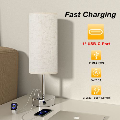 Touch Table Lamp for Bedroom Nightstand - Bedside Lamp with USB-C USB-A Charging Ports White, 3 Way Dimmable Control Small Lamp Fabric Shade Silver Base for Bedroom, Office, Living Room, Reading