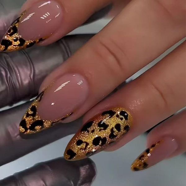 GlamRays Pack of 24 Leopard French Press On Nails Medium Almond False Nails with Gold Leopard Print Design Full Cover Nude Acrylic Shiny Artificial Nails