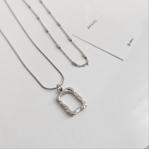 [2 types 1 set] Surgical silver square layered necklace / squiggle pendant two-in-one set necklace surgical steel choker mix chain BM1059N