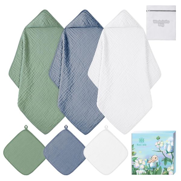 Baby Towels, 6 Pcs Baby Bath Towels & Washcloth Set for Baby Girl Boy Shower Gifts, Hooded Baby Towels for Baby Bath Towels Essentials, Baby Towels for Newborn, Muslin Cotton Hooded Baby Towels