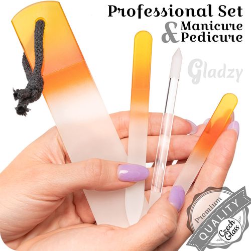 Genuine Czech Glass Nail File Set - Double Sided Etched Different Grit Surface, Callus Remover Foot Rasp, Precision Filing Cuticle Pusher, Manicure & Pedicure, Professional Nail Care & Art, EU Quality