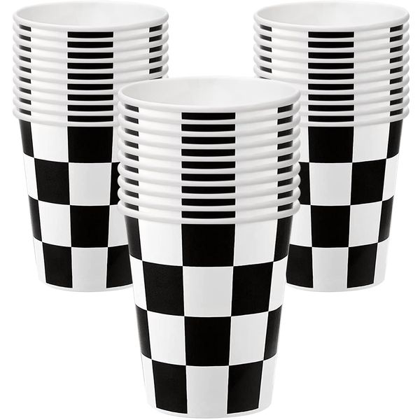 EaciTown 30 Pcs Racing Car Party Cups Checkered Paper Cups Black and White Checkered Flag Beverage Cups for Racing Themed Birthday Party, 9 OZ, Black/White