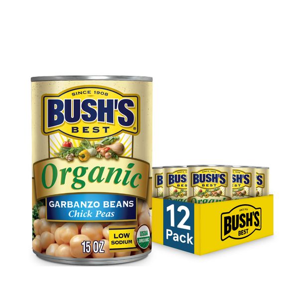 BUSH'S BEST Organic Garbanzo Beans Canned Beans, Organic Chick Peas, USDA Certified Organic, Source of Plant Based Protein and Fiber, Low Fat, Gluten Free (12)