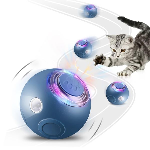 FARLEY Smart Interactive Cat Ball Toy for Indoor Cats, Automatic Moving Cat Ball with Fun LED Lights, Self Rolling Disco Ball for Cats with 2 Modes USB Rechargeable, Blue