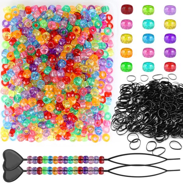 1605pcs Beads for Hair Braids Kit Including 600pcs 9x6mm Glitter Pony Beads, 1000pcs Elastic Rubber Bands, and 5pcs Quick Beaders for Kids Hair Braids (Glitter)