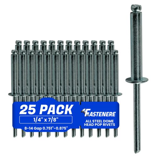 Fastenere Pop Rivets - 1/4" x 7/8" (25 pcs) Heavy Duty, Open-End, Low Carbon Steel, Dome-Head Blind Rivets, Corrosion-Resistant & High Shear Strength, 8-14 Gap 0.751"-0.875"