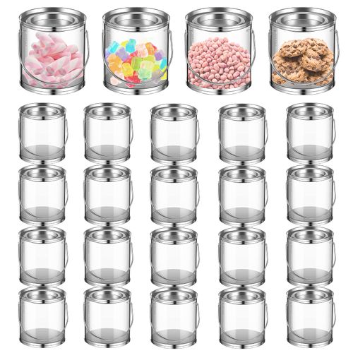 Merkaunis 24PCS Clear Paint Cans 3 x 3 Inch Mini Empty Bucket With Metal Lids for Party Favors, Candy, Decor and DIY