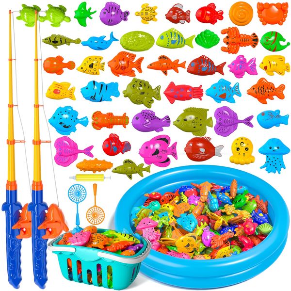 Doloowee Magnetic Fishing Game Bath Pool Toys for Toddlers 3-5,48pcs Fishing Toys Game Floating Fish Magnet Pole Rod Net Education Teaching and Learning for Kids Age 3-6 4-8