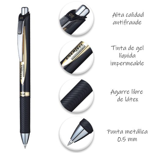 Pentel EnerGel 0.5mm Permanent Retractable Rollerball Pen - Black ink - Pack of 12
