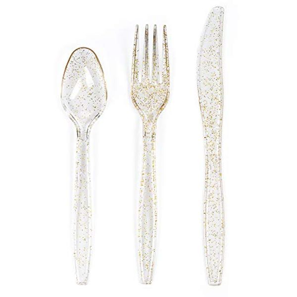 MATANA 150 pc Gold Plastic Silverware Set with Gold Glitter - 50 Forks, 50 Spoons & 50 Knives, Heavy Duty Clear Plastic Cutlery Set Utensils for Wedding Receptions, Parties, Picnics, Events