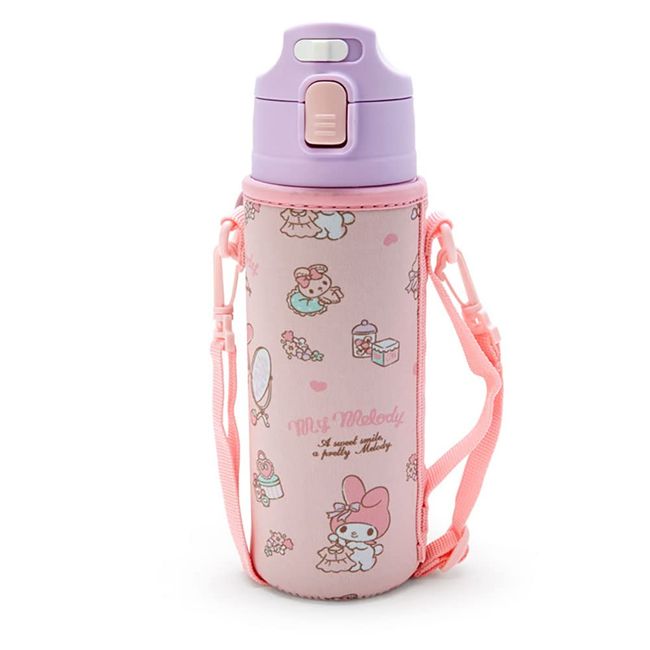 Sanrio 212504 Children's Water Bottle, 16.5 fl oz (470 ml), Direct Drinking, One-Touch Stainless Steel Bottle, My Melody My Melody, For Cold Insulation, Pouch with Shoulder Strap, Name Space, Girls, Character