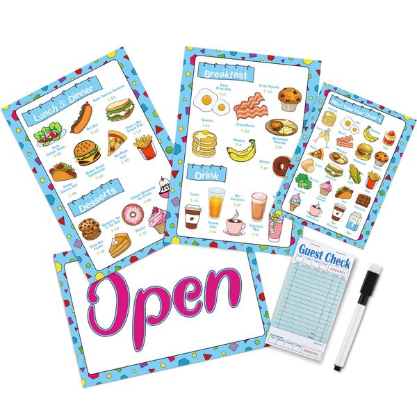 Yinkin 6 Pcs Pretend Play Restaurant Menu for Kids Pretend Order Note Pads Kitchen Food Diner Menu Playset, 4 Restaurant Menu 1 Guest Check Server Notepad 1 Erasable Pen for Children Toddler Role Play