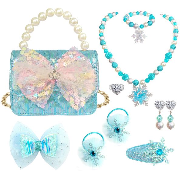 ELEMIRSA Girl Handbag Purse for Little Girls Kids Pretend Play Dress Up Necklace Hair Accessories Jewelry Set, Light Blue