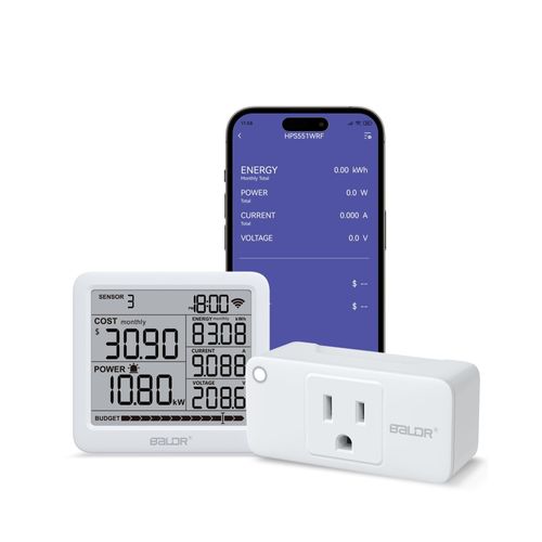BALDR Wi-Fi Home Power Monitor Consumption Watt Meter w/Smart Socket - Electric Meter w/Tariffs & Budget Alerts, Power Meter Home Energy Monitor, Electricity Usage Monitor Smart- 2.4GHZ Network Only