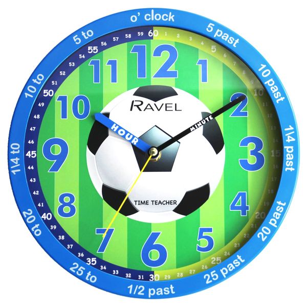 Ravel Children's 25cm Time Teacher Wall Clock - R.KC.12 - Analogue Quartz - Blue Football/Green Dial