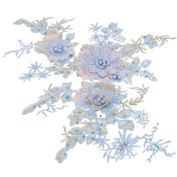 HEALLILY 2Pcs 3D Pearl Flower Embroidery Lace Applique Beading Flowers Sew On Patches Lining Fabric Blouse Lace Patches for Wedding Dress Accessories Clthing Decoration Sky- Blue