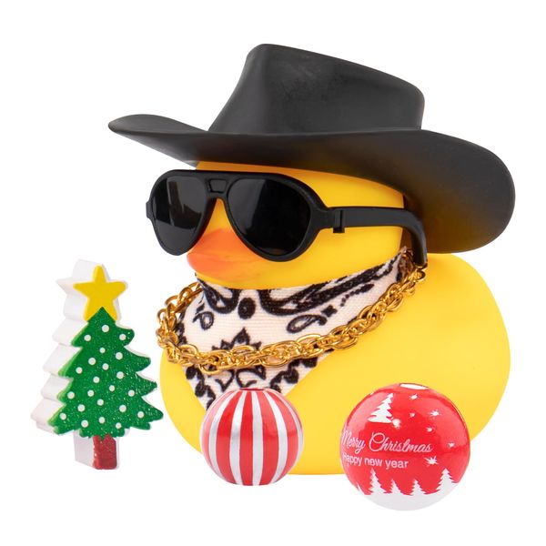 wonuu Car Dashboard Christmas Decorations Rubber Ducks, Christmas Eve Rubber Ducky for Car Ornament Cute Duck with Accessories, Cowboy Hat, Glasses, Necklace (Black)