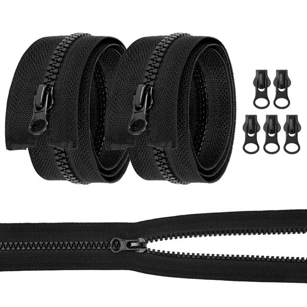 AUAUY 2 PCS Resin Coil Zippers, No.5 Resin Open-Ended Zips with 5 PCS Zipper Pulls, 60cm/23.6inch Strong Zippers for Sewing Assorted Sizes, DIY Dressmaking, Bags, Tailor, Craft Supplies(Black)