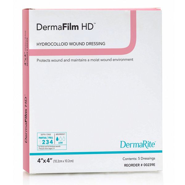 DermaFilm HD Hydrocolloid Dressing 4 x 4" Square High Density 5 per Box
