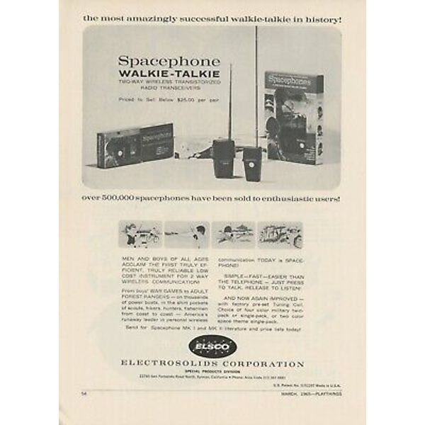 1965 Elsco Vintage Toy Ad Spacephone Walkie Talkie Radio Transceivers Wireless