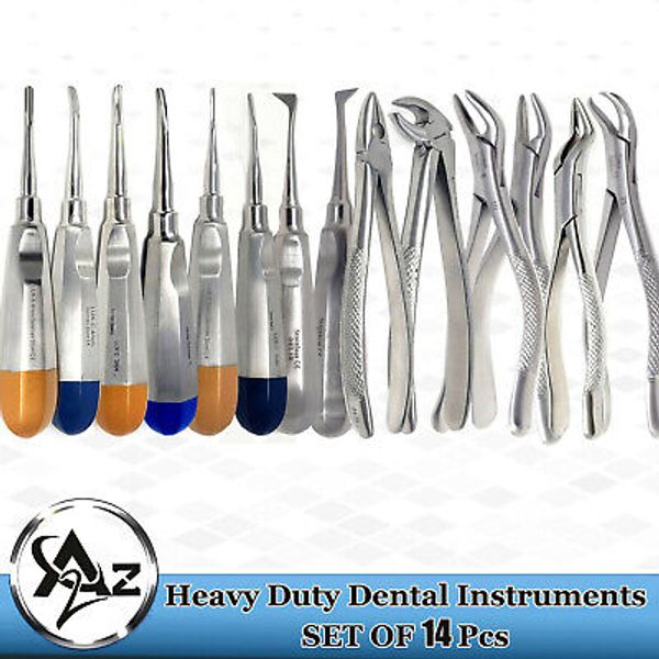 14 Pc OR Grade Dental Extraction Forceps Upper Lower & Elevators Curved Straight