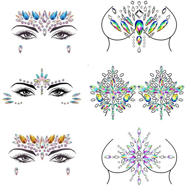 Dochais 6 Pcs Gemstone Face Stickers for Music Festival Holiday Party, Rhinestone Face decal for Halloween Christmas, Face Glitter Sticker Temporary Tattoo for Birthday Carnival