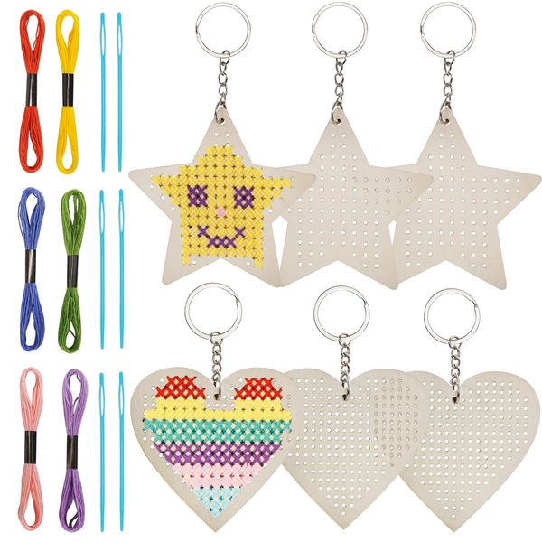Gnognauq 6Pcs Wood Cross Stitch Kits Star Heart Wood Ornament with Cross Stitch Keyrings for DIY Crafts Embroidery Kit