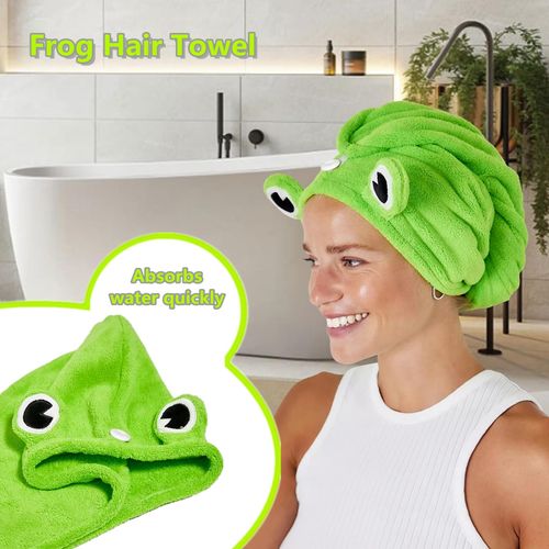Globalnice 2 Packs Microfiber Hair Towel with Button, Super Absorbent Quick Dry Hair Turban for Drying Curly, Lovely Frog Hair Towel Wrap for Women, Stocking Stuffers for Women