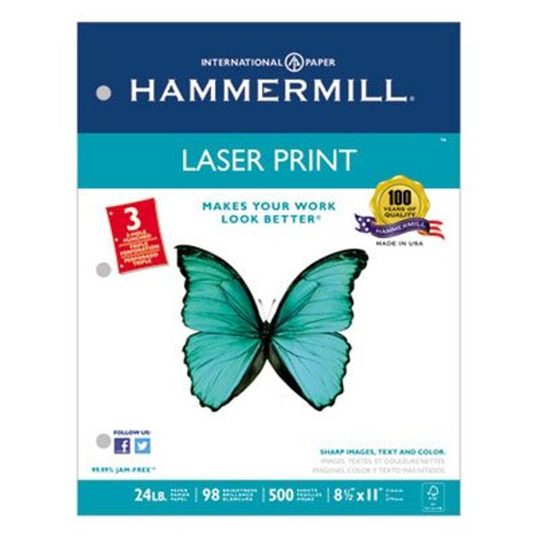 Laser Print Office Paper, 3-Hole Punch, 98 Brightness, 24lb, Ltr, White, 500/Rm, Sold as 2 Ream