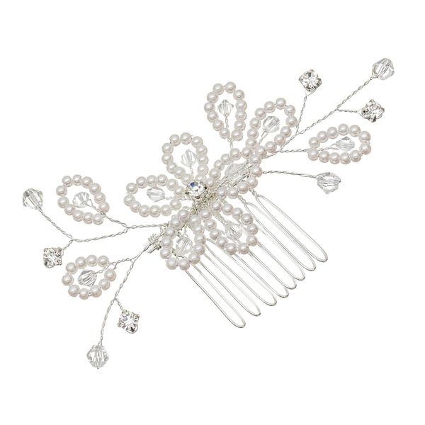 SAMKY Handmade Faux Pearl Crystal Bead Flower Leaf Bridal Wedding Tiara Comb - Silver Plated FC019