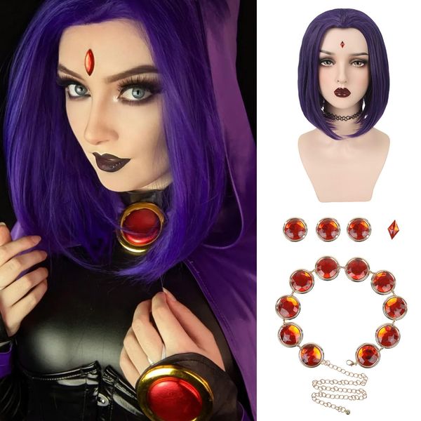 REECHO Purple Wigs for Cosplay, 14" Short Bob Wig with Waist Belt Red Gems Belt Adjustable Stone Chain Accessories Synthetic Hair Replacement Wig for Women Halloween Cosplay Costume Party