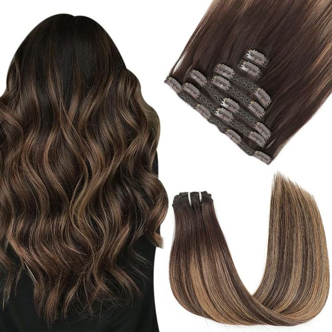 Clip in Hair Extension, 22inch 7PCS 140G Black with Blonde Highlights Ombre Hair Extension Thick Long Stright Layered Hair Extensions Invisible Lace Weft Hair Extensions for Women