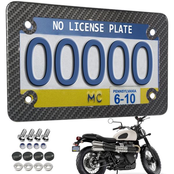 ZXFOOG - Carbon Fiber Motorcycle License Plate Frame, Stainless Steel Tag Holder with Screw Caps, 1 Pack for Motorcycle Moped Scooter Bicycle (Carbon Pattern)
