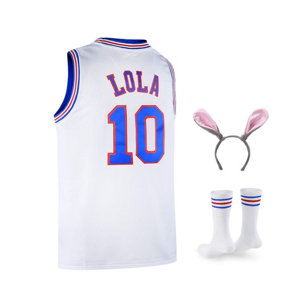 Lola #10 Bunny Space Mens Movie Jersey Looney Basketball Jersey with Head Hoop & Socks White M