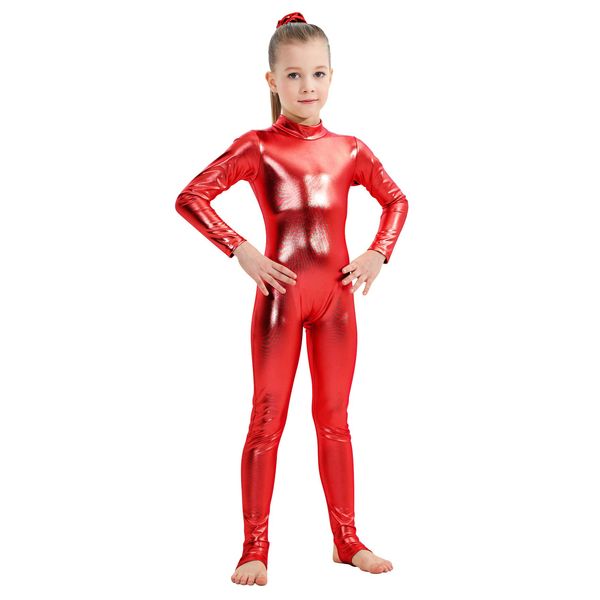 YgneeDom Girls Shiny Metallic Long Sleeve Unitard Spandex One Piece Wet Look Kid Bodysuit (Red, S)