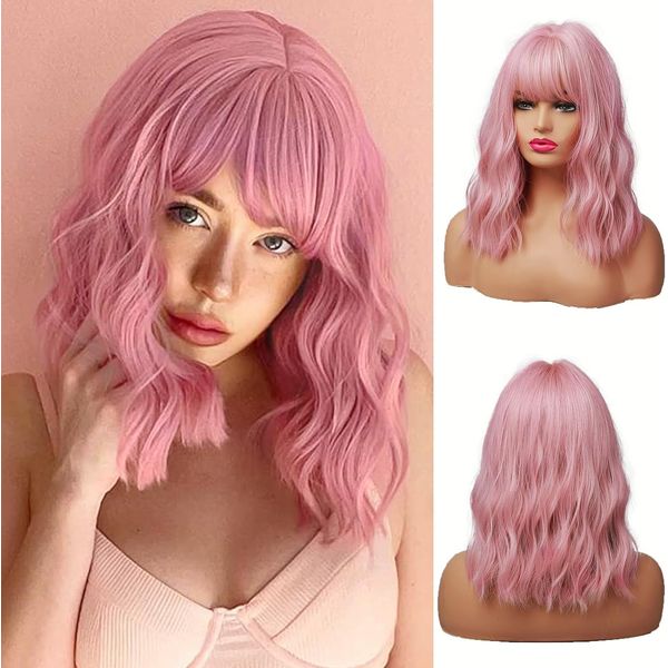 LOVENIA Pink hair Wig with Bangs for Women Short Wavy Bob Wig with Bang Pastel Wig Synthetic Wig for Girl Short Curly Wig Body Wave Hair Replacement Costume Wig Halloween Wig Party Cosplay Wig(Pink)